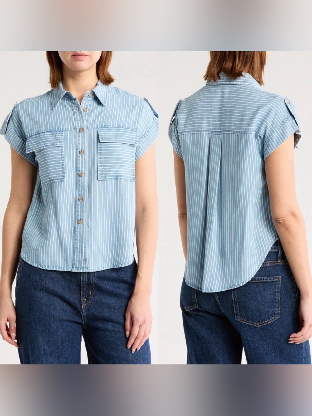 Blu Pepper Women’s Blue Striped Chambray Button-Up Short Sleeve Top, Size Small